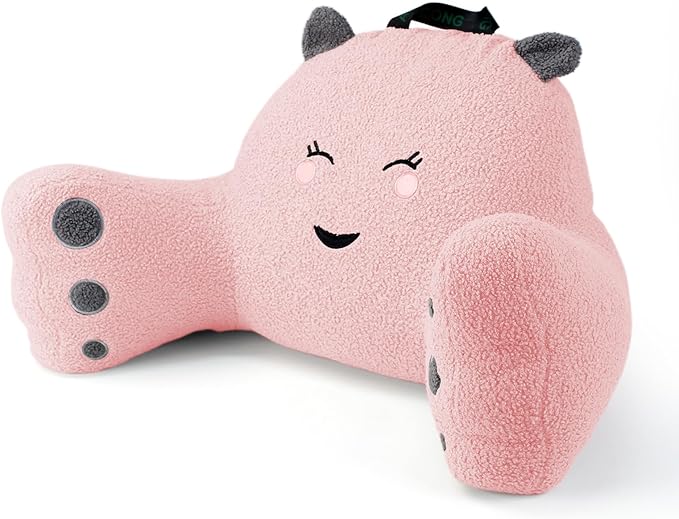 Reading Pillow for Sitting in Bed Couch Teens/Adult, Back Rest Pillow for Sitting Up in Bed with Shredded Memory Foam, Includes Arms and Washable Cover (Pink)