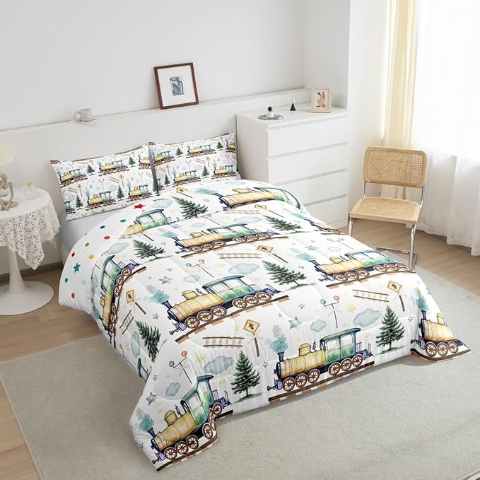 Erosebridal Watercolor Green Train King Comforter Set Kids Cartoon Railway Bedding for Boys Toddler Gift, Cute Clouds Stars Transportation Theme Duvet Set with 2 Pillow Cases