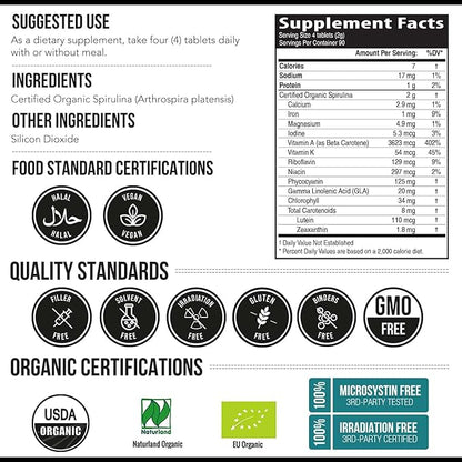 Organic Spirulina Tablets (360 Tablets) - Made with Parry® Spirulina, The Best Spirulina in The World, Highest Nutrient Density - Non-Irradiated, 3 Organic Certifications (90 Servings)
