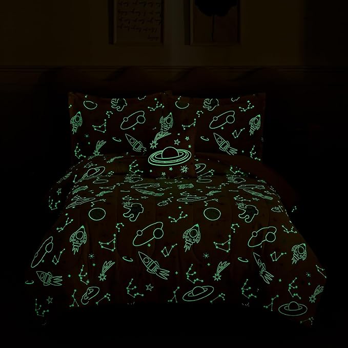 Full Size Comforter Set for Girls-4 Pieces Space Glow in The Dark Full Bedding Sets for Kids, 1 Comforter, 2 Shams and 1 Decor Pillow