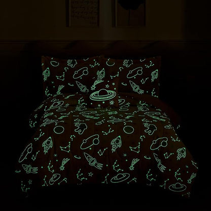 Full Size Comforter Set for Girls-4 Pieces Space Glow in The Dark Full Bedding Sets for Kids, 1 Comforter, 2 Shams and 1 Decor Pillow