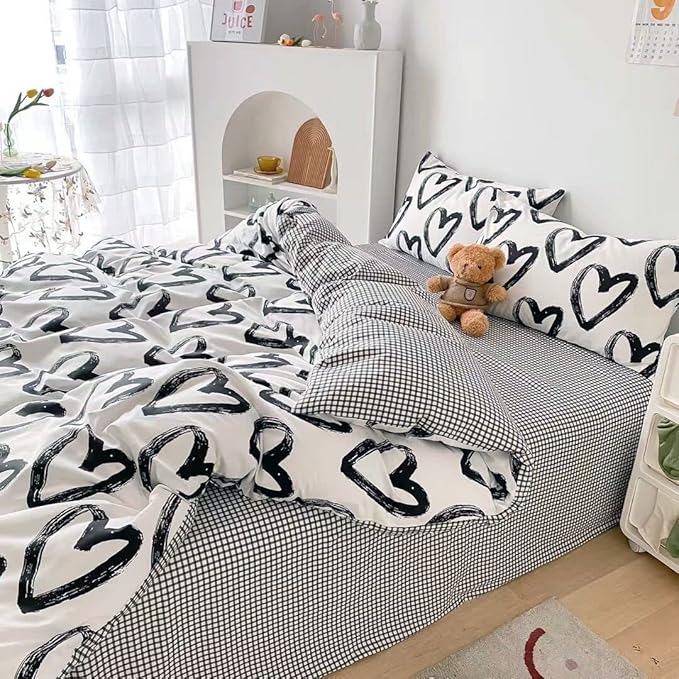 Wellboo Love Comforter Sets King Black and White Bedding Comforters Cotton Women Girls Heart Shaped Bed Quilts Brush Ink Love Pattern Quilts Adults Girls Modern Kawaii Black White Dorm Comforters