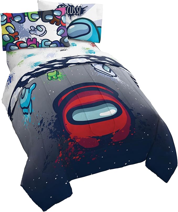Jay Franco Among Us Space Splatter 5 Piece Full Size Bed Set - Includes Comforter & Sheet Set - Super Soft Fade Resistant Microfiber (Official Among Us Product)
