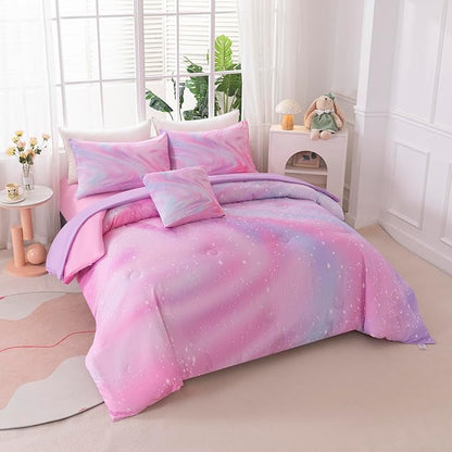 4Pcs Girls Twin Bedding Set with Sheets, Pink Art Tie Dye Bedding Sets,Bed in A Bag Kids Bedding Set for Girls Twin (1 Comforter, 1 Flat Sheet, 2 Pillowcases)