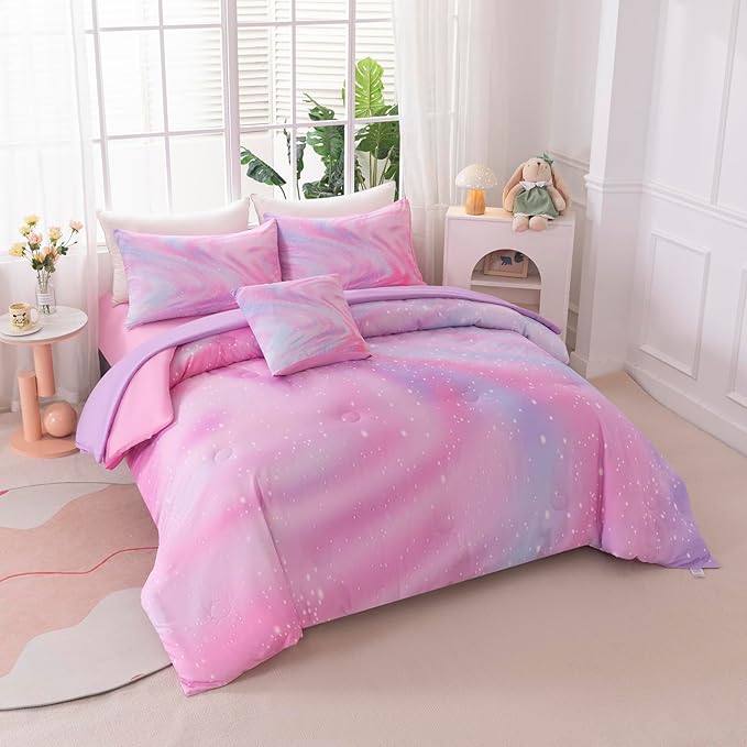 6Pcs Girls Comforter Sets Queen for Girls Kids, Gradient Colorful Rainbow Bedding Set Queen Bed in A Bag (1 Comforter, 1 Flat Sheet, 1 Fitted Sheet, 1 Cushion Cover, 2 Pillowcases)