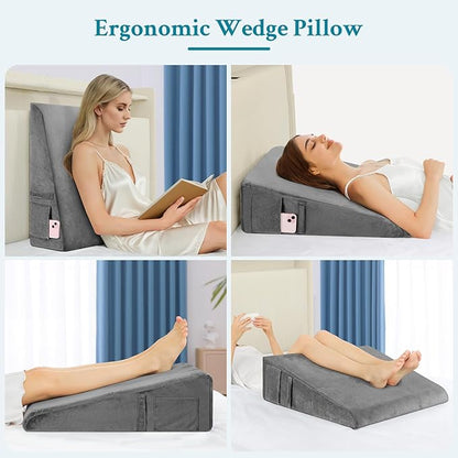 Wedge Pillow for Sleeping, 7.5" Bed Wedge Pillow for After Surgery, Triangle Pillow Wedge for Heartburn, Acid Reflux, GERD, Back Pain Relief, Neck Pain, Soft & Cooling Memory Foam Top