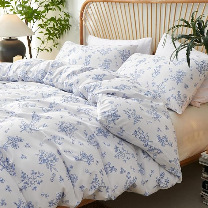 Blue Floral Duvet Cover King Cornflower Blue Botanical Flower Bedding Set Reversible Garden Coquette Bedding Girls Soft Microfiber 3Pcs Zipper Closure（No Comforter）