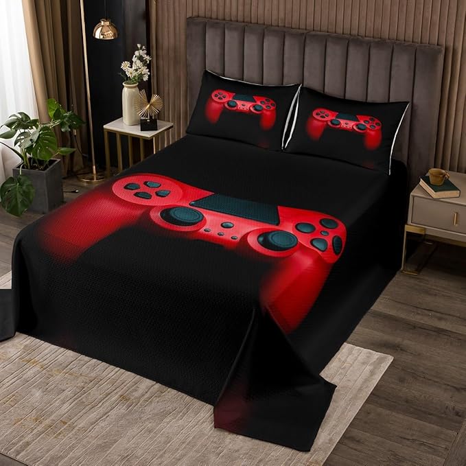 Erosebridal Boys Red Gamepad Bedding Set King, Man Video Games Bedspread Gaming Controller Bed Cover, Modern Young Action Buttons Decorative 3 Piece Bedding Set with 2 Pillow Shams, Black