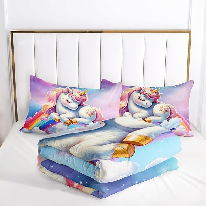 Unicorn Kids Bedding Set for Girls Queen Size, Pink Unicorn Rainbow Comforter Set, Bedroom Decor with 2 Pillowcases for All Season