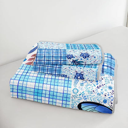 QOOMO Patchwork Quilt Set Full/Queen Size,Floral Bedspread Coverlet Set,Butterflies 3Pcs Bedding Set Printed Quilt with 2 Pillowcases,Soft and Lightweight,for All Seasons