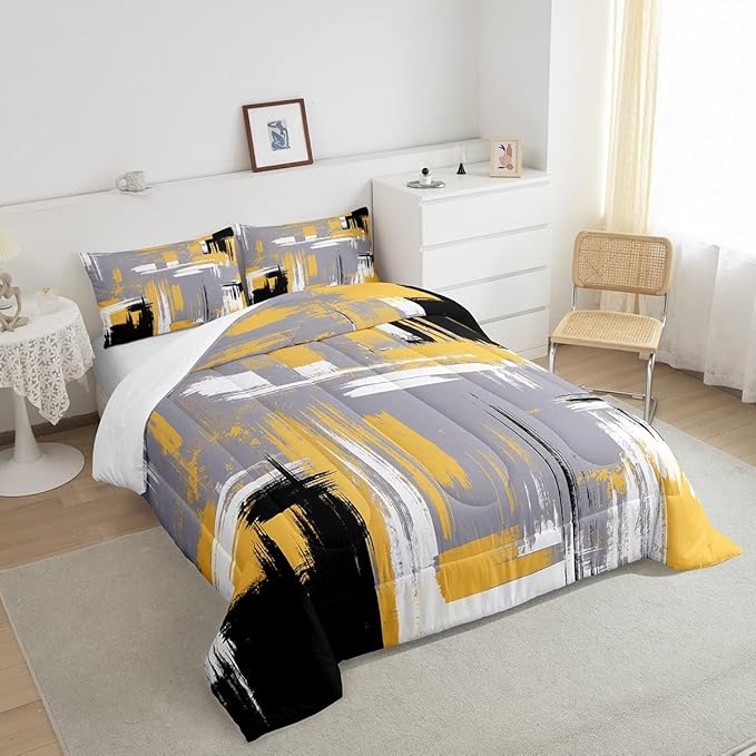 Abstract Bedding Set Kids Modern Abstract Art Comforter Set Yellow Grey Black Comforter for Boys Room Decor Lightweight Retro Duvet Set Toddler Size with 1 Pillow Case