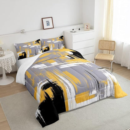 Abstract Bedding Set Kids Modern Abstract Art Comforter Set Yellow Grey Black Comforter for Boys Room Decor Lightweight Retro Duvet Set Toddler Size with 1 Pillow Case