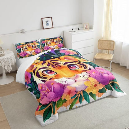 Cartoon Tiger Comforter Set King Size Tropical Blooming Flowers Bedding Set Kids Boys Girls Cute Animal Print All Season Quilt Set Watercolor Botanical Bedding Comforter Sets,3Pcs