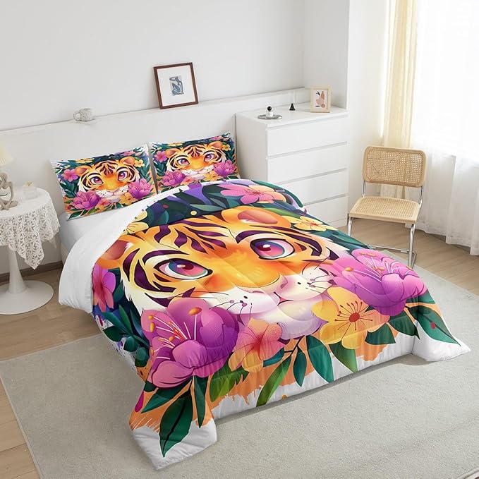Cartoon Tiger Comforter Set Full Size Tropical Blooming Flowers Bedding Set Kids Boys Girls Cute Animal Print All Season Quilt Set Watercolor Botanical Bedding Comforter Sets,3Pcs