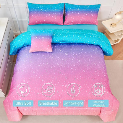 URBONUR 6 Pcs Gradient Comforter Set for Girls Twin Size Pink Purple Blue Colorful Moon Star Rainbow Comforter Bed in A Bag, Soft & Lightweight Kids Teen Bedding Set