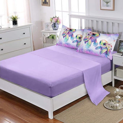 Sea Turtle Bedding Twin Comforter Set 7 Piece,Coastal Beach Themed Bed Set for Kids Girls Room Decor,Cute Bedding with 1 Comforter,1 Flat Sheet,1 Fitted Sheet,4 Pillowcases.
