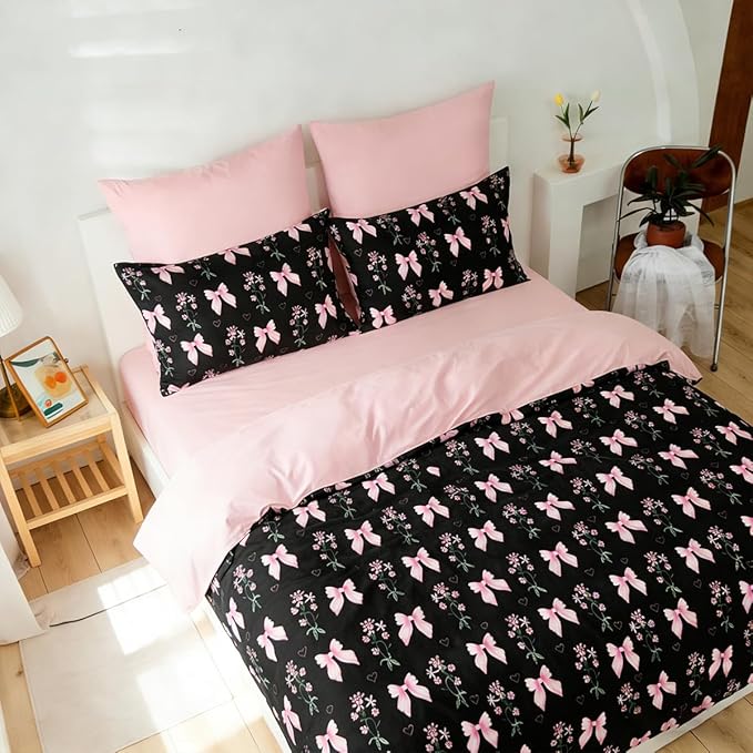 Full Duvet Cover 3Pcs Black Pink Bow Bedding Set for Girls Kids, Cute Floral Bowknot Design, Super Soft 100% Microfiber Comforter Cover (2 Pillowcases, No Comforter)