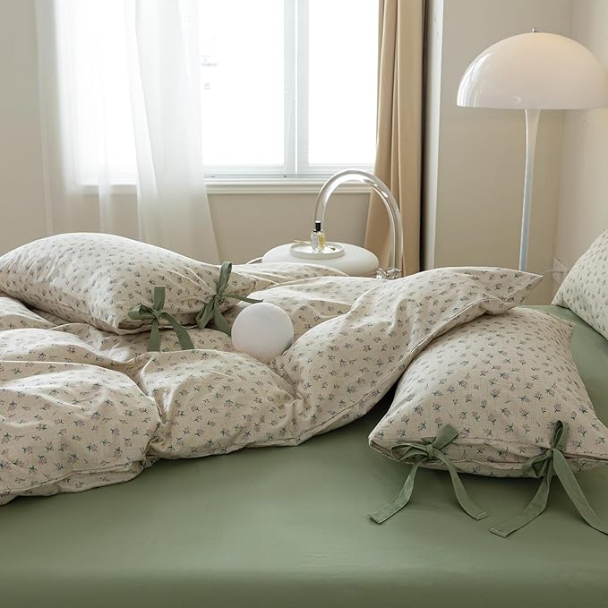 AOJIM Green Floral Print Bedding Duvet Cover Full Size Vintage Style, 100% Cotton Comforter Cover Set 3pcs for Room Decor, 1 Soft Quilt Cover 80x90'' and 2 Pillowcases 20x26'' with Bow Ties, No Duvet