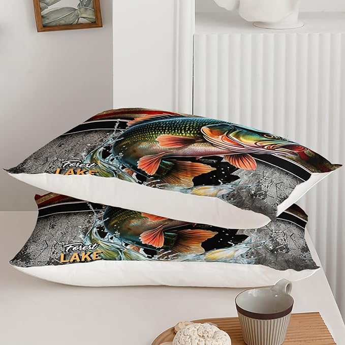 Big Pike Fishing Comforter Set for Kids Men Women, 3 Piece Striped Bass Big Fish American Flag Bedding Set Queen Size, Theme Quilt Decorative Soft Bedding Set with 2 Pillowcases