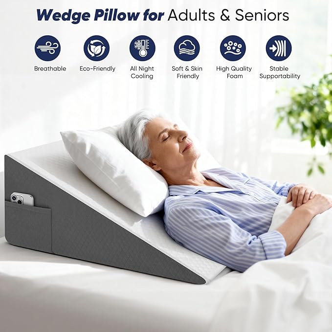 12 inch Bed Wedge Pillow for Adults Seniors, Cooling Memory Foam Incline Pillow for Sleeping, Reading & Resting, Back Support and Leg Elevation, Ideal for Couch, Bedroom & Living Room