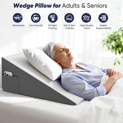 12 inch Bed Wedge Pillow for Adults Seniors, Cooling Memory Foam Incline Pillow for Sleeping, Reading & Resting, Back Support and Leg Elevation, Ideal for Couch, Bedroom & Living Room