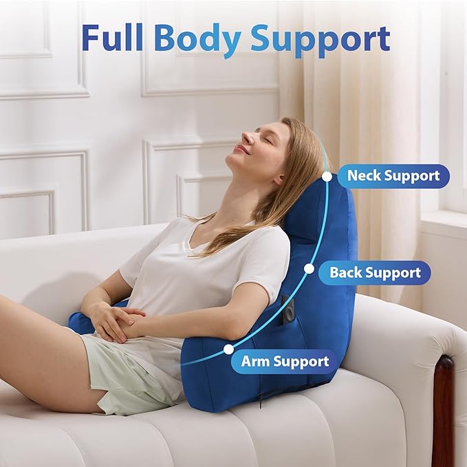 Reading Pillow with Arms for Adults, Back Pillow for Bed Sitting Up, Shredded Memory Foam Backrest Pillow with Pockets & Removable Washable Cover, Lounging, Watching TV, Reading(20inch Navy)