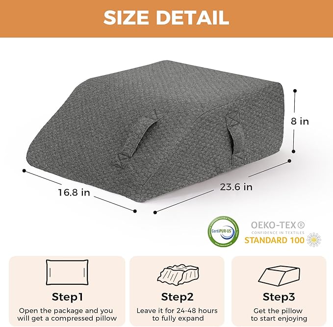 Leg Pillow Elevation Blood Circulation, Leg Elevation Pillows for After Surgery, Swelling, Leg Elevating Pillows with Cover and Handle, Leg Pillow for Pain Relief, 23.6×16.8×8 Inch, Dark Grey