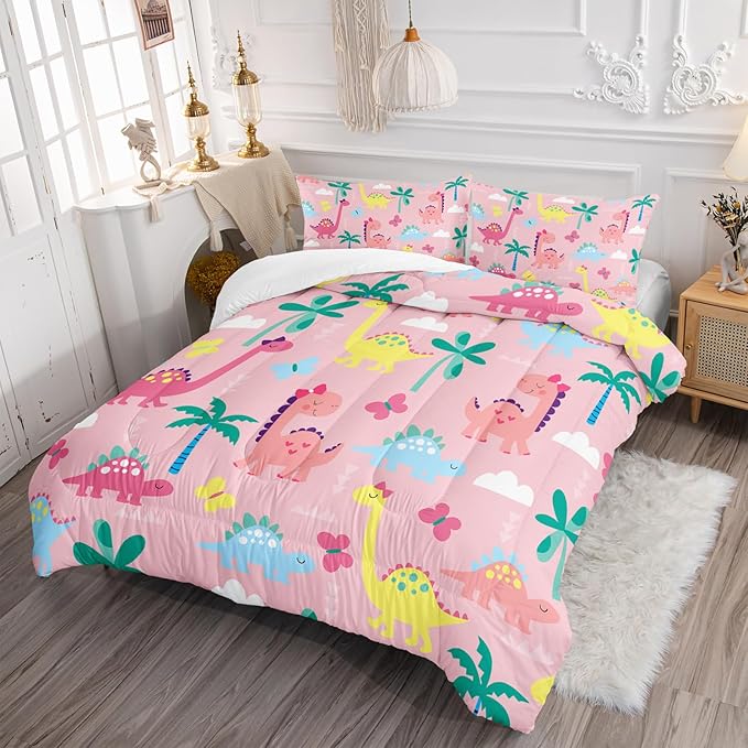 Axolotl Cute Dinosaur Comforter Set Queen,Colorful Dinosaur Girls Bedding Set,Dinosaurs Print Comforter Sets Botanical Palm Trees,Butterfly Bedding Set for Kids Girls Teens,1 Quilt 2 Pillowcases,Pink