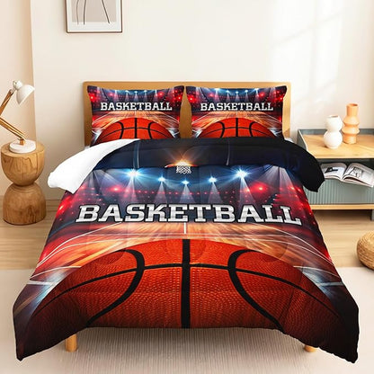 Sports Basketball Print Comforter 3Pcs Twin Ball Sport Gaming Basketball Court Bedding Set for Kid Teen Girl Boy Adult Basketball Sport Games Quilt Bed Decor with 1 Comforter and 2 Pillowcases