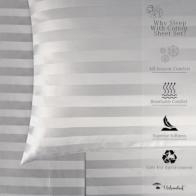 URBANHUT 1000 Thread Count Egyptian Cotton Sheets Striped King Size, Breathable Long Staple, 4 Pc Bed Sheet Sets, Luxury Hotel Sateen Sheets Fits 16" Deep Pocket - Silver Grey