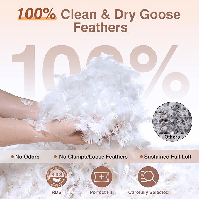 Goose Feather Pillows Bed Pillow - Hotel Down Pillows Queen Size Set of 2, Fluffy Support Surround Fill Polyester for Back, Stomach, Side Sleepers, Breathable & Soft Bed Pillow for Sleeping