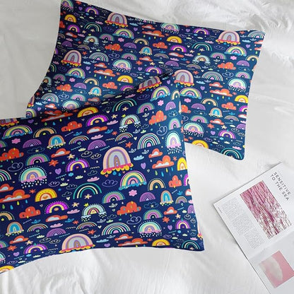 Comforter Set Queen Size, Cute Boho Rainbow 7 Pcs Bedding for Kids and Adults, Colorful Nursery Cloud Bed Sheet Sets with Fitted Sheet 2 Pillowcases & 2 Shams for Bedroom Bed Decor