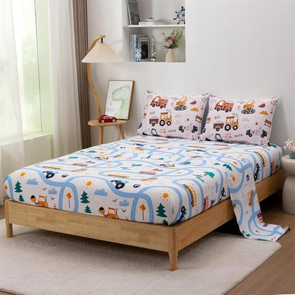 NTBED 5 Pieces Construction Twin Comforter Set for Boys Kids Fire Truck Vehicles Excavator Lightweight Microfiber Bedding Sets