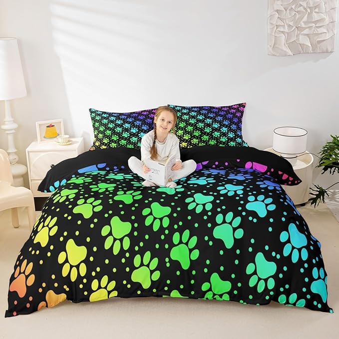 Castle Fairy Dog Paw Print Duvet Cover Set Twin Size,Rainbow Gradient Puppy Paw for Dog Lover Comforter Cover for Kids Boys Bedroom Gift,Funny Pets Animal Bedding Set with 1 Pillowcase, Polyester