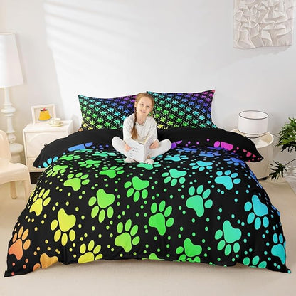 Castle Fairy Dog Paw Print Duvet Cover Set Twin Size,Rainbow Gradient Puppy Paw for Dog Lover Comforter Cover for Kids Boys Bedroom Gift,Funny Pets Animal Bedding Set with 1 Pillowcase, Polyester
