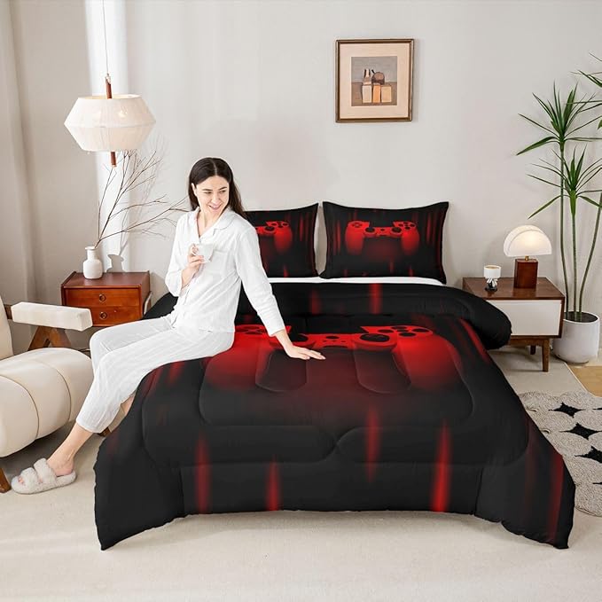 Feelyou Twin Comforter Set for Boys Gamer Bedding Set for Boys Kids Gaming Comforter Red Black Teen Child Gamer Room Decor Soft Game Geometric Duvet Quilted 1 Comforter with 1 Pillowcase Gamer Gifts