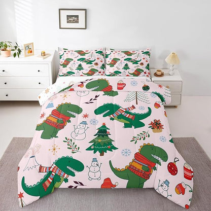 Erosebridal Xmas Dino Comforter Set Queen Size Cartoon Dinosaur Bedding Set for Gilrs Kids Children Snowman Santa Winter Tree Comforter Merry Christmas Florals Quilt Bedroom Decor