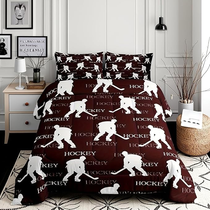 Hockey Sports Event King Size Comforter Set,Kids Red Brown Hockey Player Decor All Season Bedding Set,Teens Sports Game Comforter,Hockey Lover Decor Quilt Set Bedroom Collection 3Pcs
