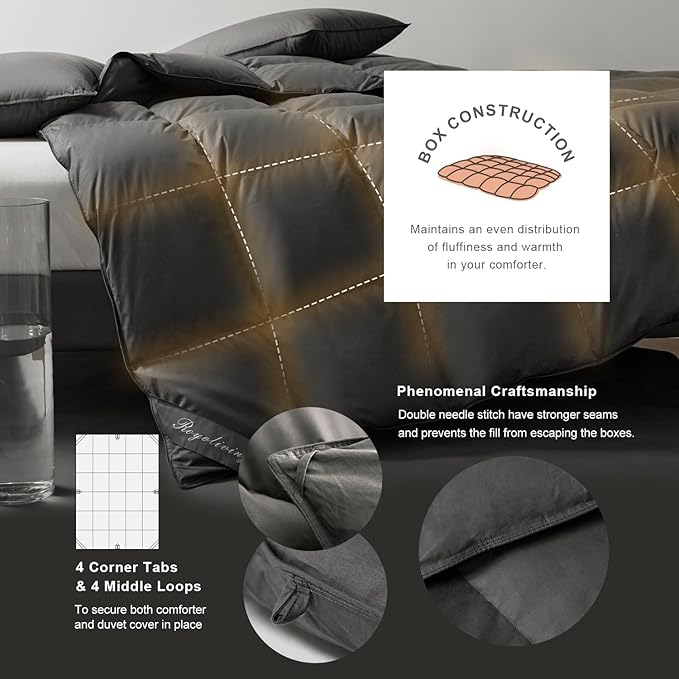 Royoliving Premium Feathers Down Comforter 100% Cotton Cover Duvet Insert with Corner Tabs (Charcoal Grey, Twin Winter)