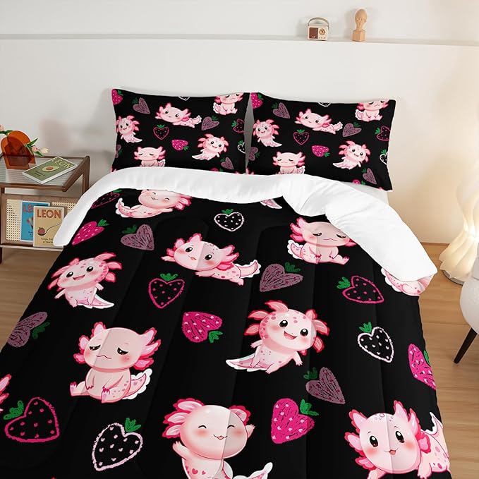 Cute Axolotl Bedding Set Twin Size,Pink Axolotl Strawberry Printed Comforter Sets Aesthetic Bedding for Kids Girls,Beach Coastal Animal Themed Comforter Sets with 2 Pillowcases.