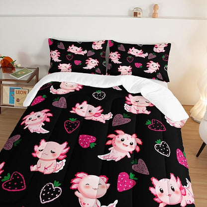 Cute Axolotl Bedding Set Twin Size,Pink Axolotl Strawberry Printed Comforter Sets Aesthetic Bedding for Kids Girls,Beach Coastal Animal Themed Comforter Sets with 2 Pillowcases.