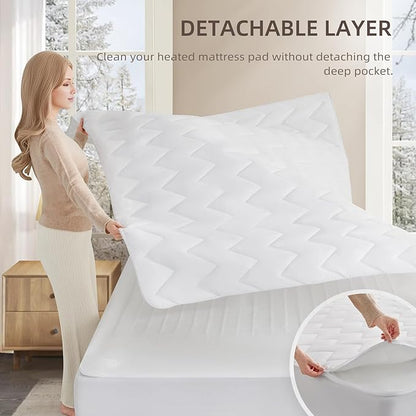 Bwarm Premium Multi-Zone Electric Heated Mattress Pad Queen Size, 60" x 80", Dual Controllers, 9 Heat Settings, 1-12 Hours Auto Off, Individual Body and Feet Settings, Machine Washable