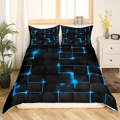Castle Fairy Abstract Duvet Cover Set Twin Size, Modern Geometric Grid Square Comforter Cover Bedroom Decor, Blue and Black Neon Light Microfiber Polyester Bedding Set for Kids Boys, 1 Pillowcase