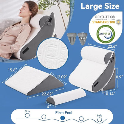 Wedge Pillow Set for After Surgery, 5 PCS Bed Wedge Pillow for Sleeping, Memory Foam Orthopedic Back Pillow for Pain Relief and Acid Reflux, Adjustable Post Surgery Pillow Grey