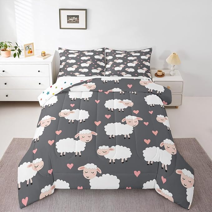 Cartoon Sheep Kids Bedding Set,Cute White Farm Animals Comforter Set for Boys Girls Teens,Romantic Pink Hearts Decor Graffiti Down Comforter with 2 Pillowcases King Size 3 Pcs