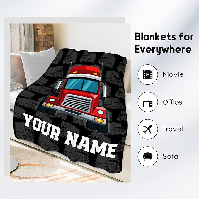 Personalized Truck Blanket, Cozy Soft Throw Gifts for Kids, Cute Black Flannel Throw Blankets for Bed Couch, 60x80 Inches