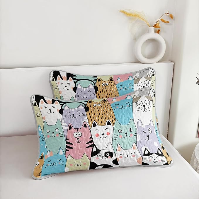 HOSIMA Cute Cat Twin Size Quilt Set for Teenage Girl Room Decor,Cartoon Colorful Pet Print Cat Quilt,Kawaii Bedding for Kids,Lightweight Aesthetic Animal Bedding with 2 Pillowcases.