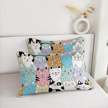 HOSIMA Cute Cat Twin Size Quilt Set for Teenage Girl Room Decor,Cartoon Colorful Pet Print Cat Quilt,Kawaii Bedding for Kids,Lightweight Aesthetic Animal Bedding with 2 Pillowcases.