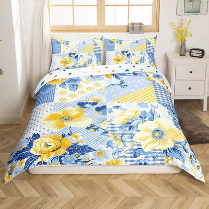 Castle Fairy Retro Flowers Duvet Cover Set Full Size,Yellow Blue Floral Botanical Comforter Cover with 2 Pillowcases,Plaid Dots Paisley Geometric Breathable Bedspread for Boys Teens,Pillow Sham