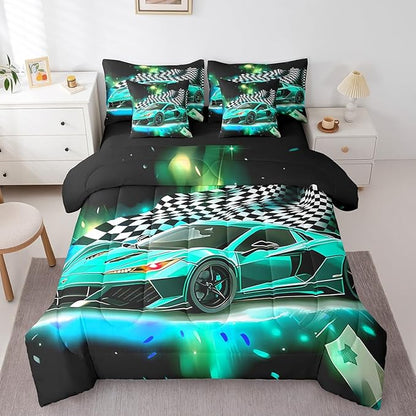 Feelyou Teal Racing Car 7 Piece Bedding Set King Size Extreme Sport Comforter Set with Sheets for Kids Boys Girls Teens Toddler Fast and Furious Bed in a Bag Black White Flag Bed Set